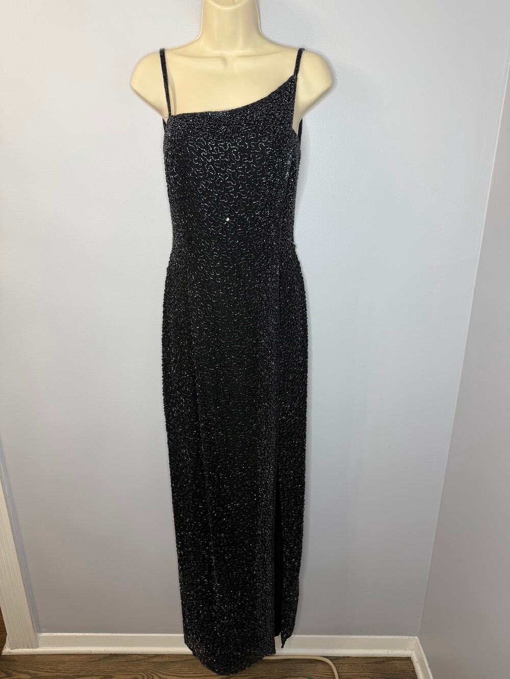 Vintage Y2K Cache Silk Black Beaded Long Gown Maxi Dress Formal Prom Sz M New